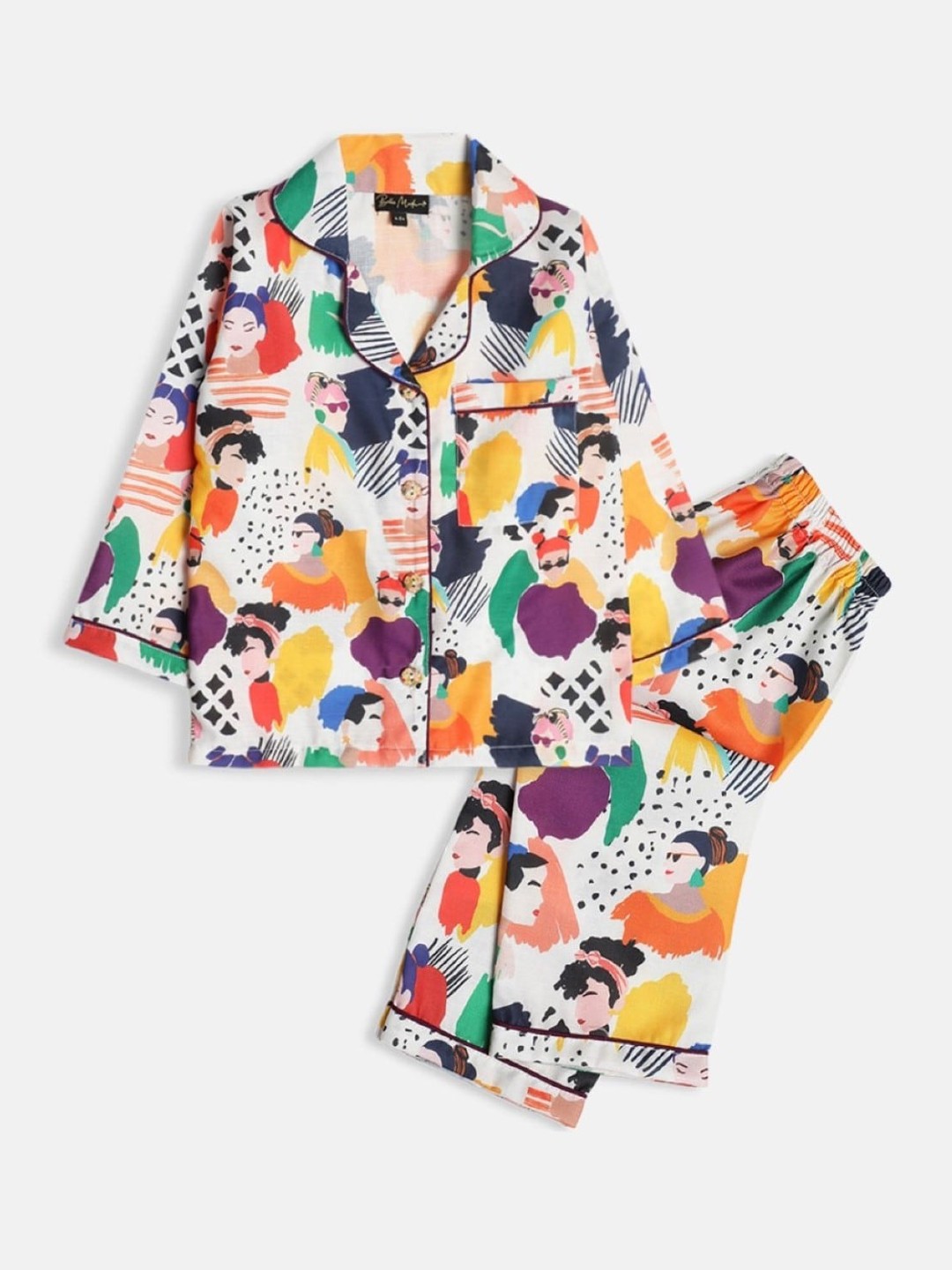 

Bella Moda Kids Graphic Printed Lapel Collar Pure Cotton Night suit, White