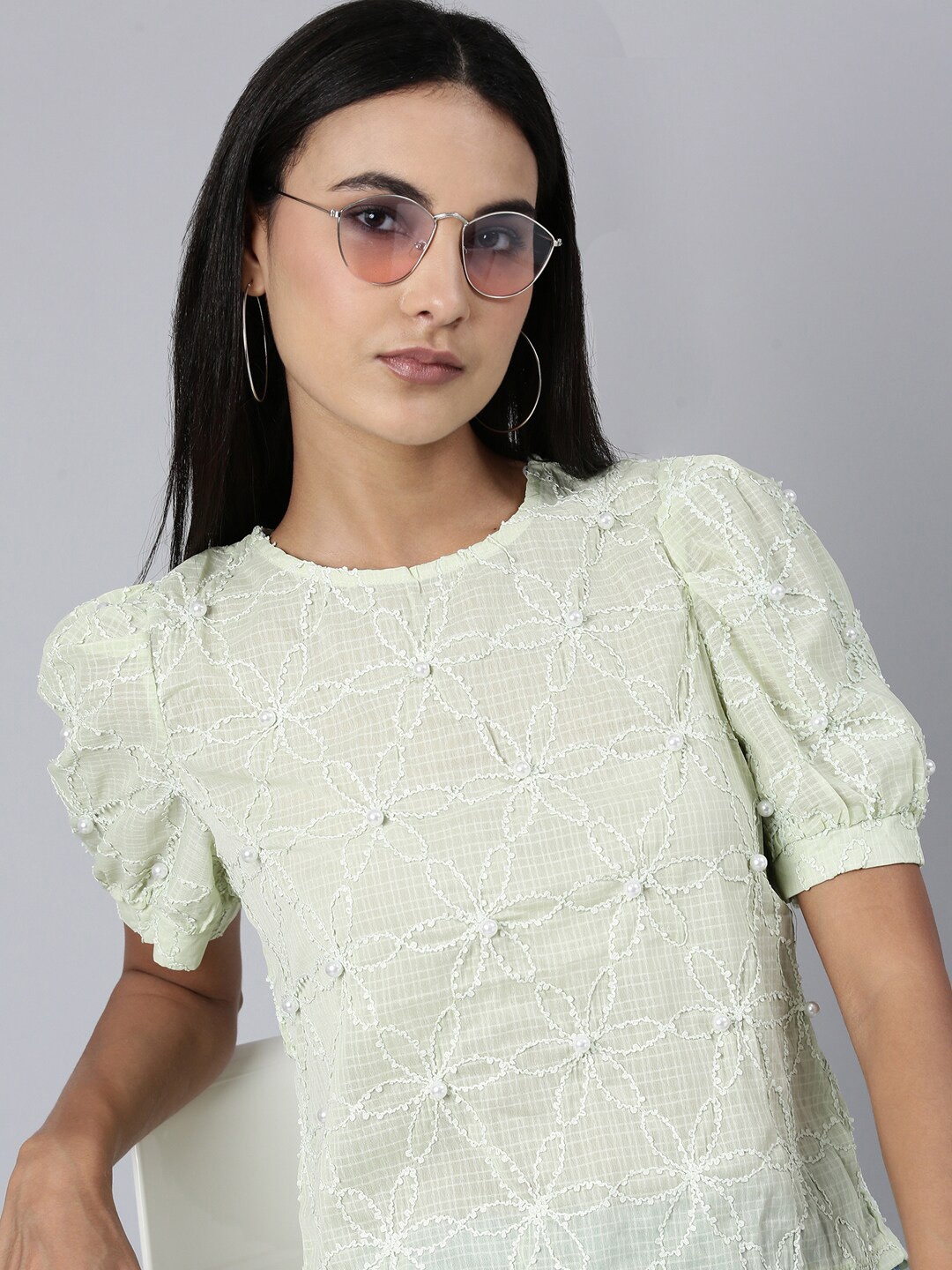 

SHOWOFF Floral Embroidered Sequinned Regular Top, Green