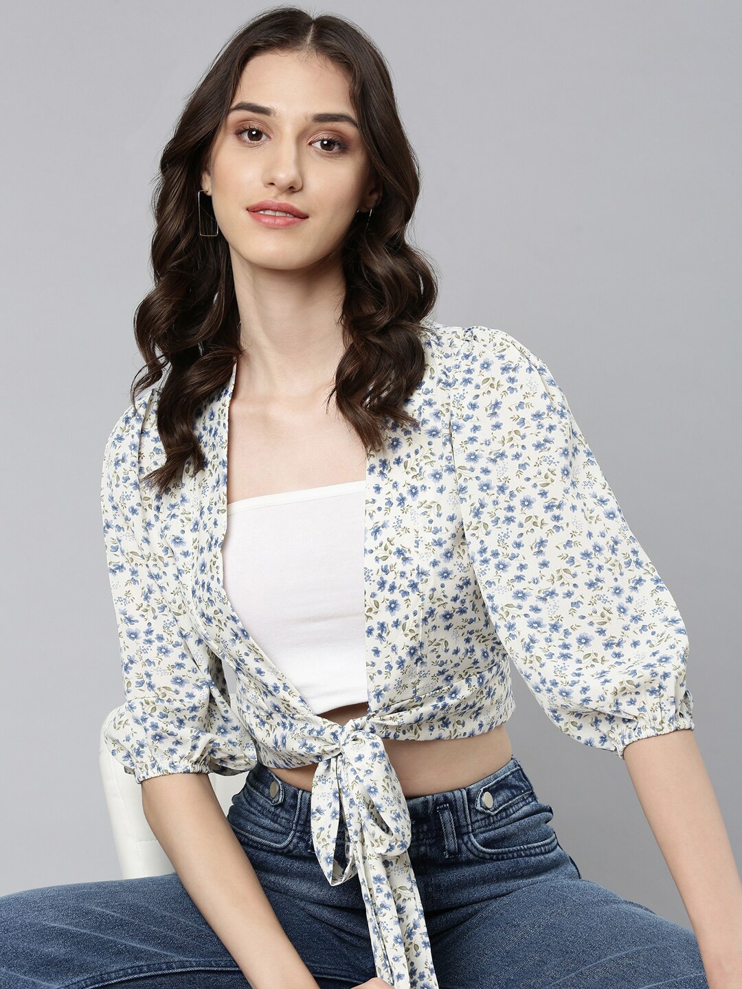 

SHOWOFF Floral Printed Puffed Sleeves Tie-Ups Crepe Wrap Crop Top, Cream