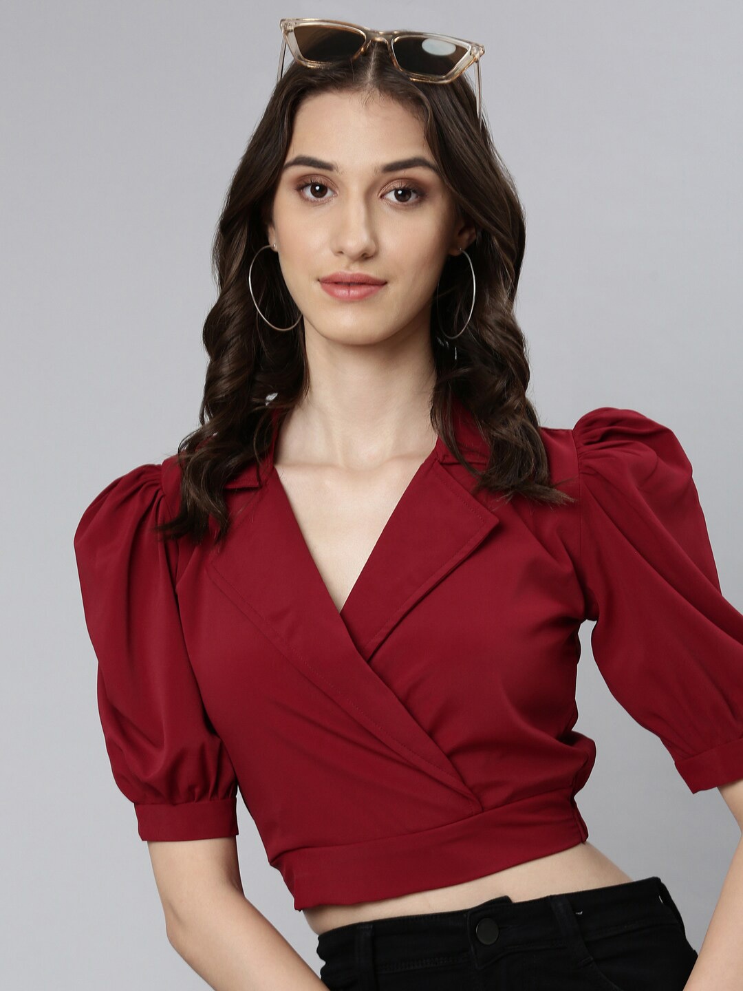 

SHOWOFF Puffed Sleeves Shirt Collar Crepe Wrap Crop Top, Maroon