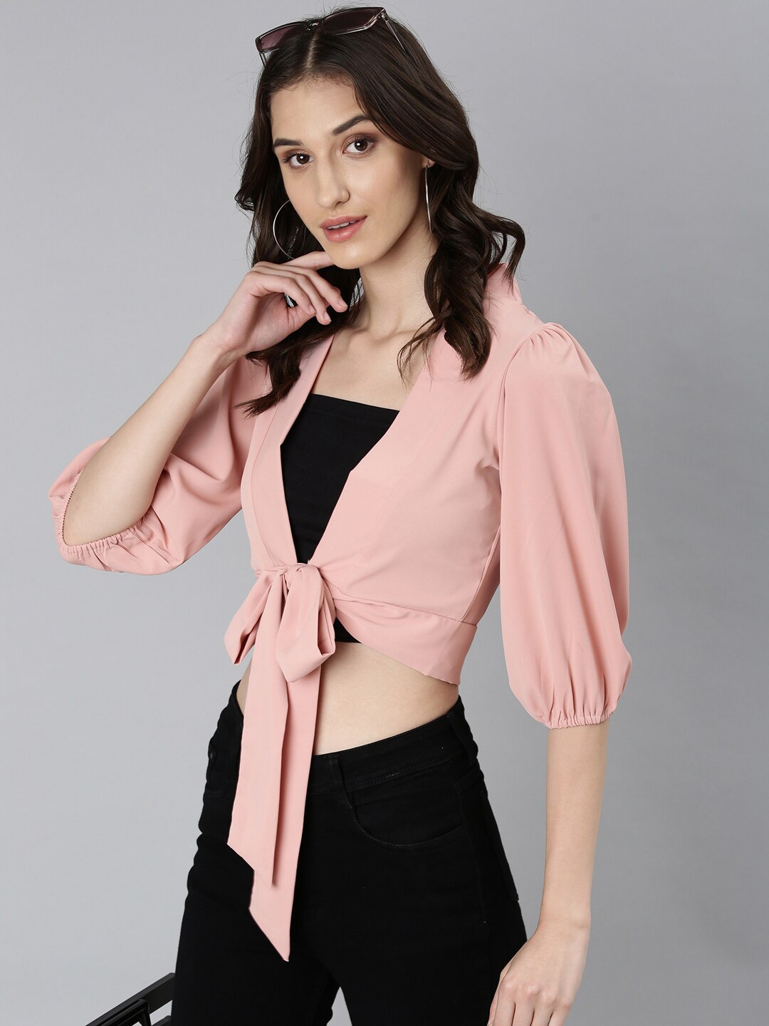 

SHOWOFF Puffed Sleeves Tie-Ups Crepe Wrap Crop Top, Peach