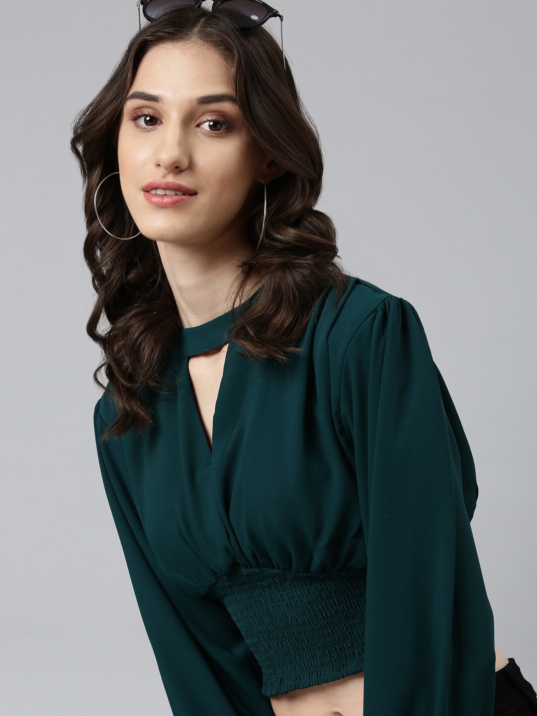 

SHOWOFF Keyhole Neck Cuffed Sleeves Smocked Empire Crop Top, Green