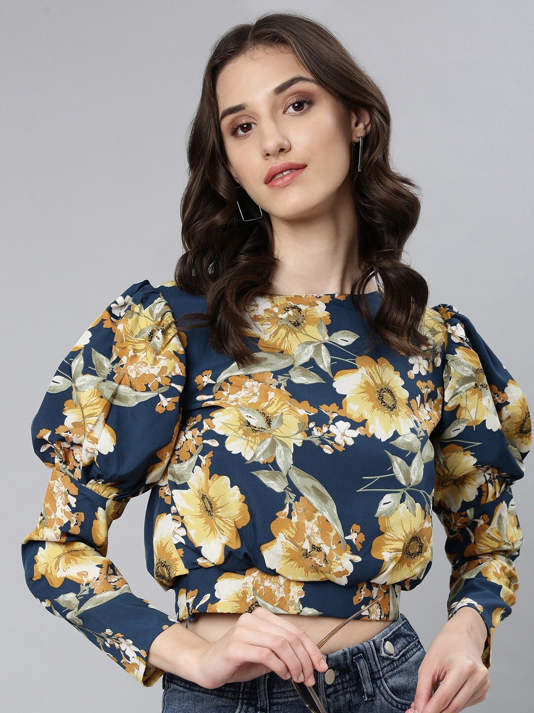 

SHOWOFF Floral Printed Puffed Sleeves Crepe Blouson Crop Top, Teal