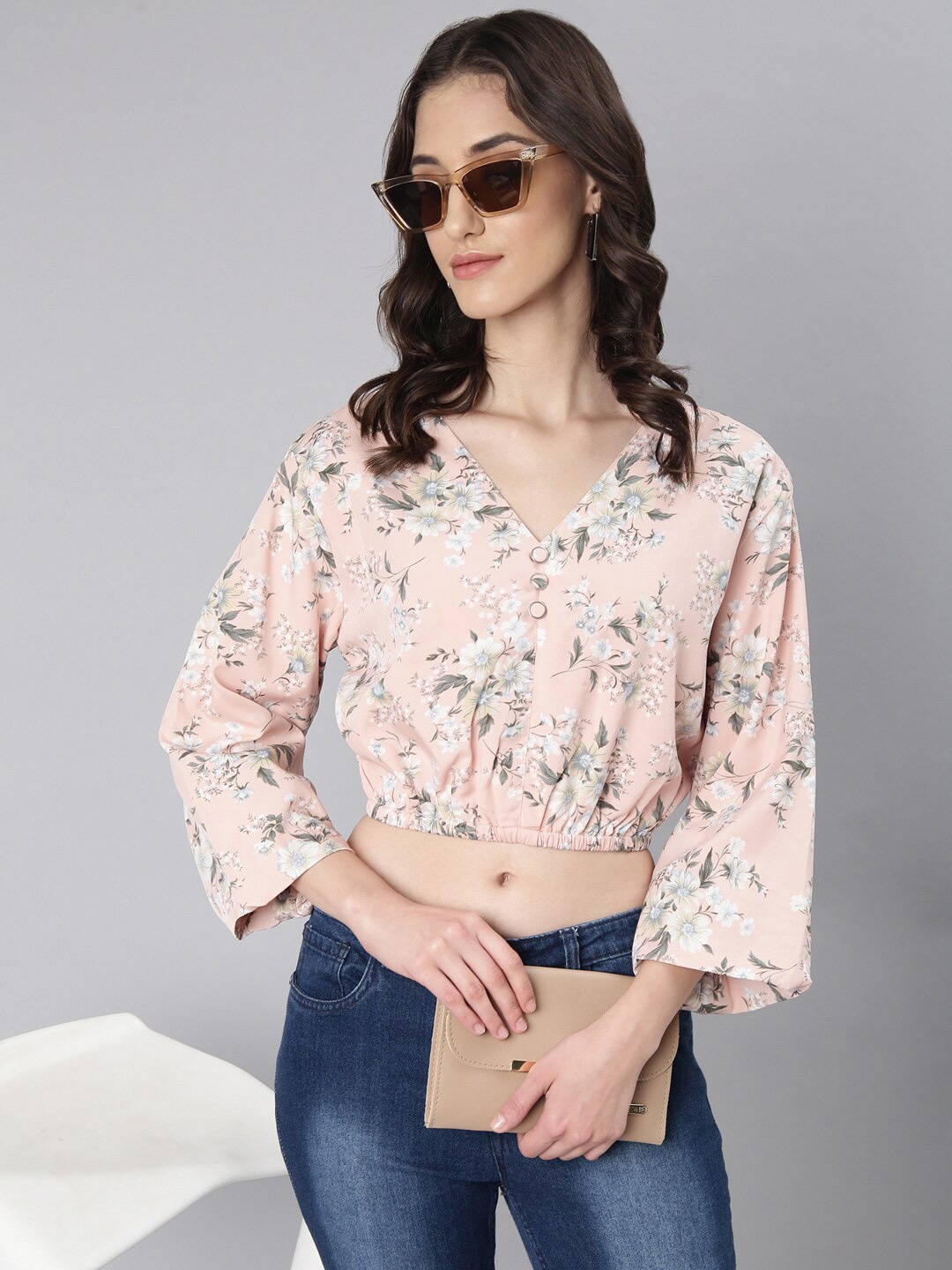 

SHOWOFF Floral Printed Blouson Crop Top, Peach
