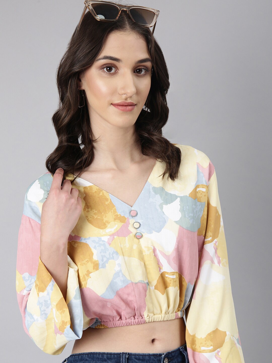 

SHOWOFF Abstract Printed Blouson Crop Top, Yellow