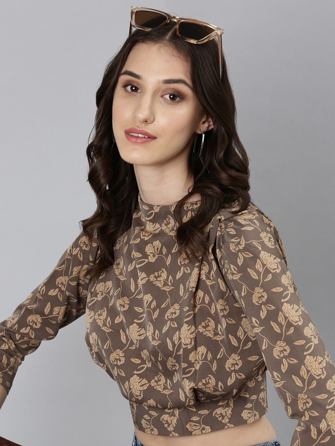 

SHOWOFF Floral Printed High Neck Blouson Crop Top, Taupe