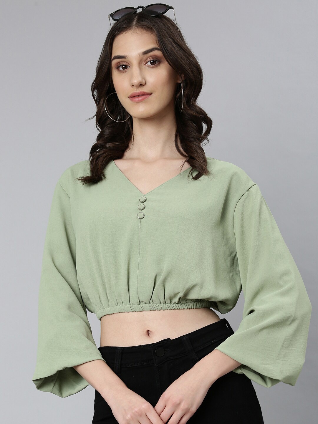 

SHOWOFF Flared Sleeve Crepe Blouson Crop Top, Sea green