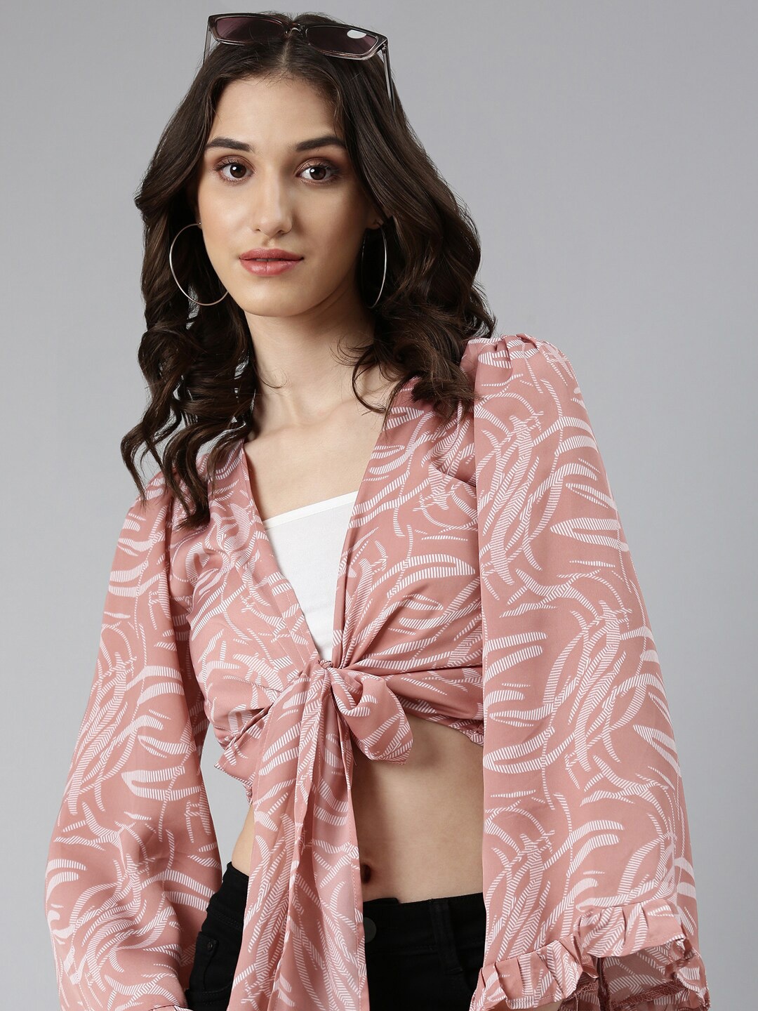 

SHOWOFF Abstract Printed Flared Sleeves Tie-Ups Wrap Crop Top, Mauve