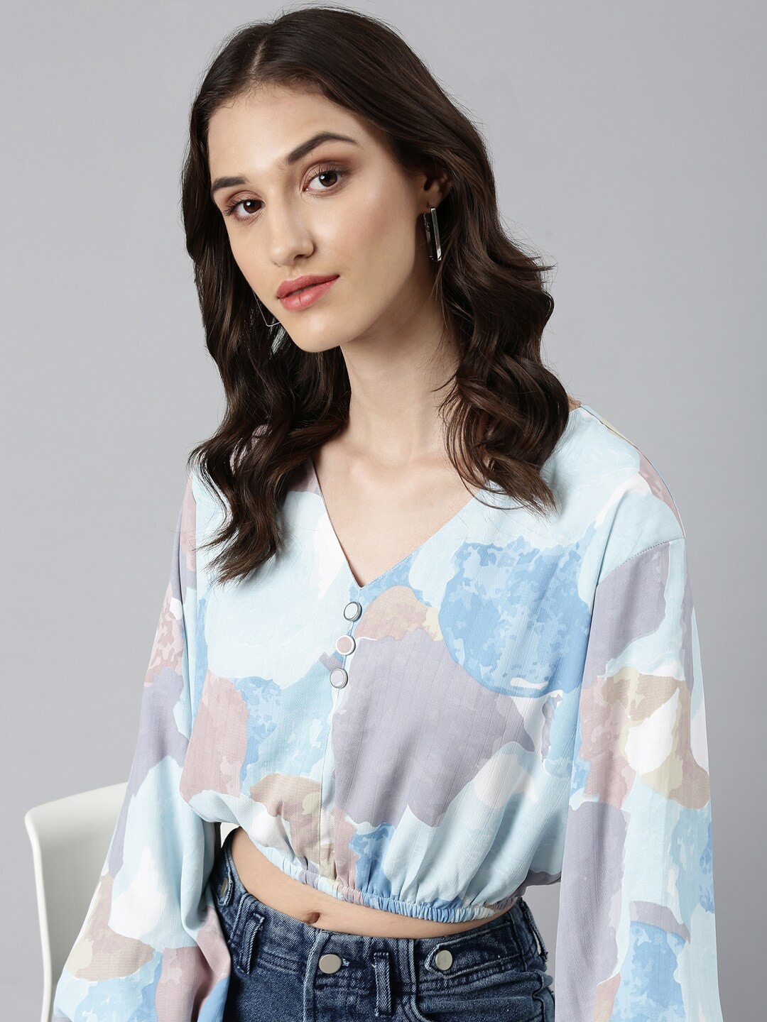 

SHOWOFF Abstract Printed Flared Sleeves Crepe Blouson Crop Top, Blue