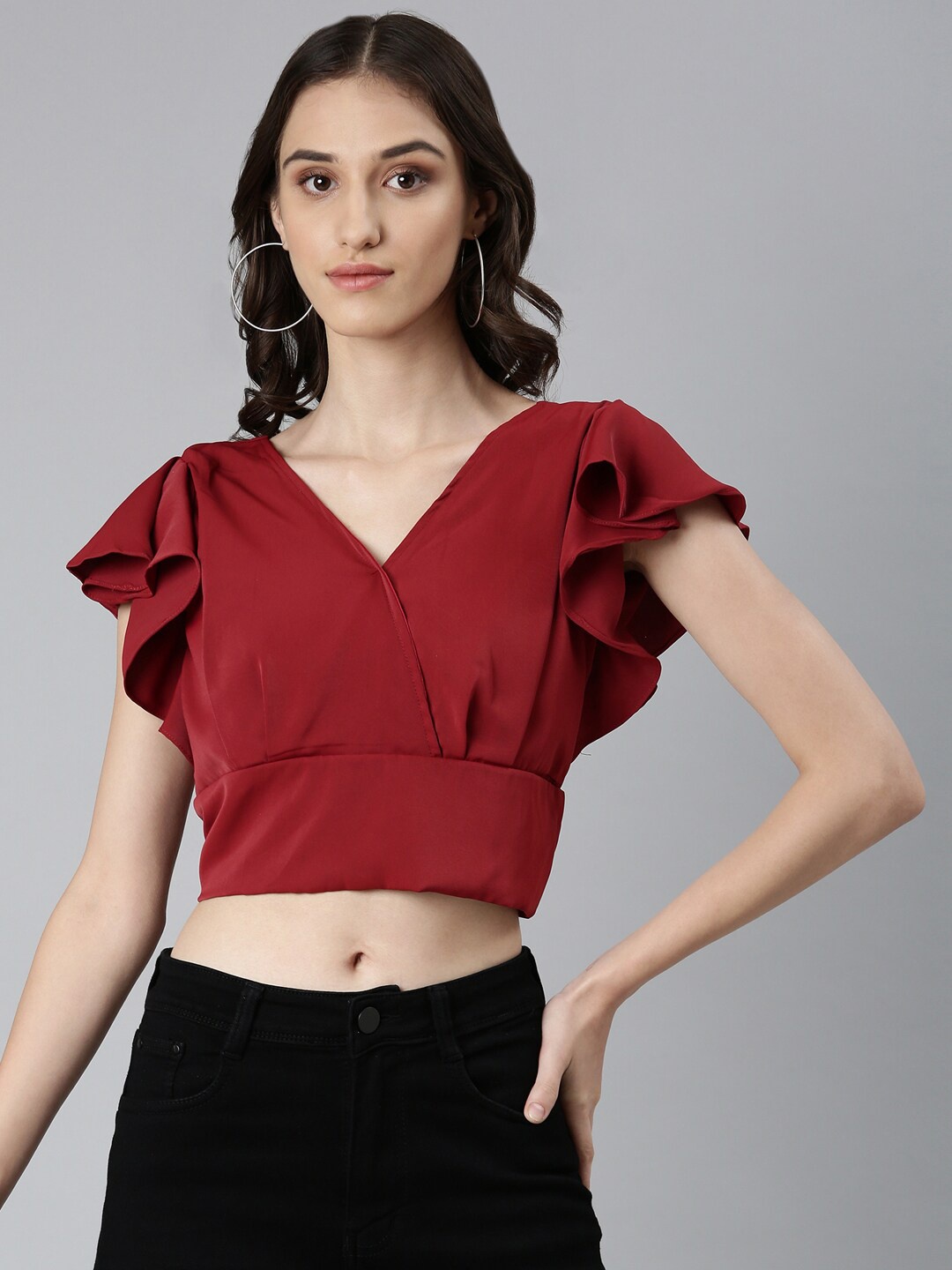 

SHOWOFF Flutter Sleeve Crepe Styled Back Crop Top, Maroon