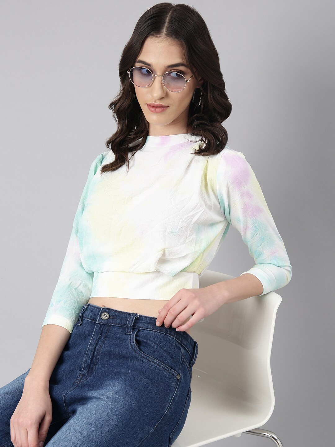 

SHOWOFF Tie and Dyed High Neck Crepe Blouson Crop Top, Turquoise blue