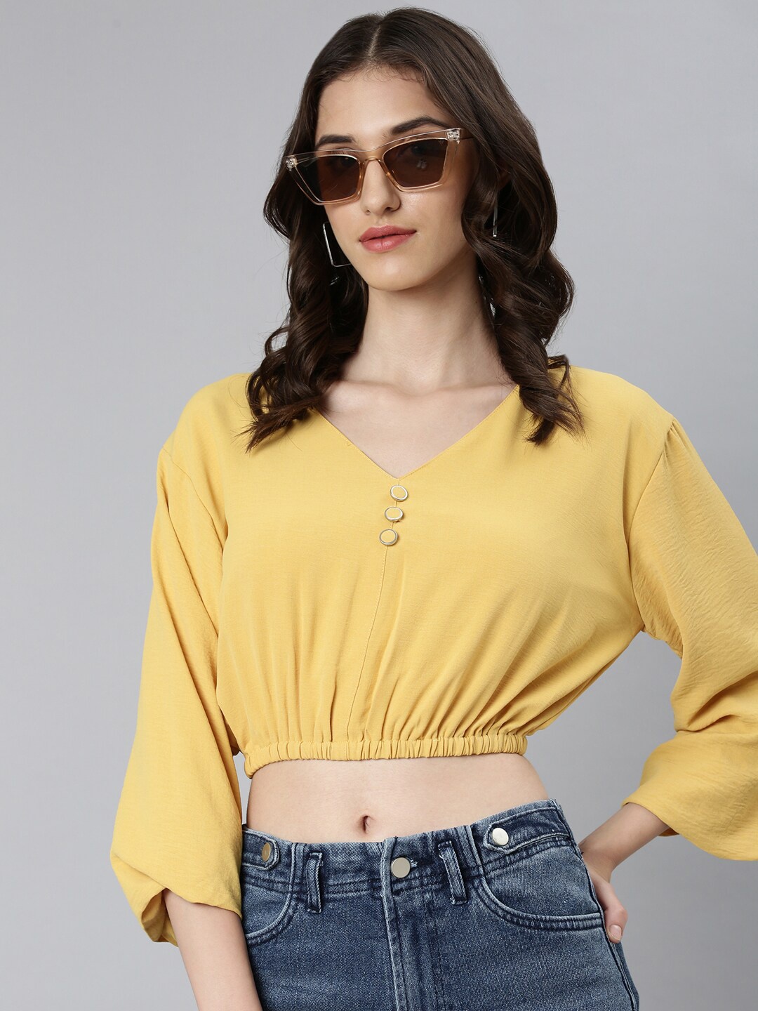 

SHOWOFF V-Neck Puff Sleeves Blouson Crop Top, Mustard