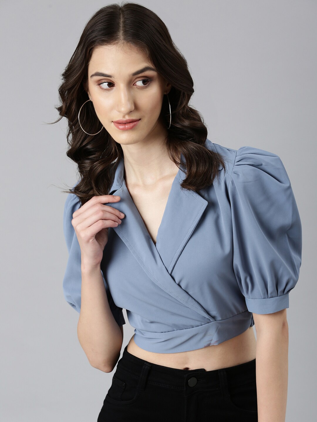 

SHOWOFF Puff Sleeve Wrap Crop Top, Blue