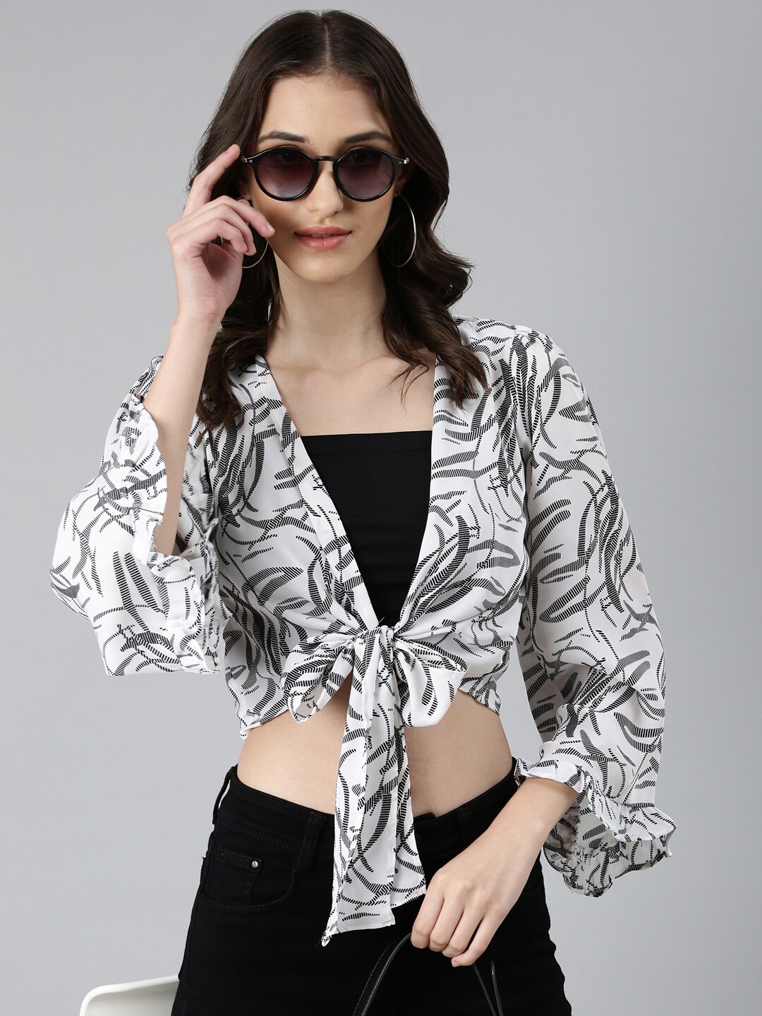 

SHOWOFF Abstract Printed Flared Sleeves Tie-Ups Wrap Crop Top, Off white