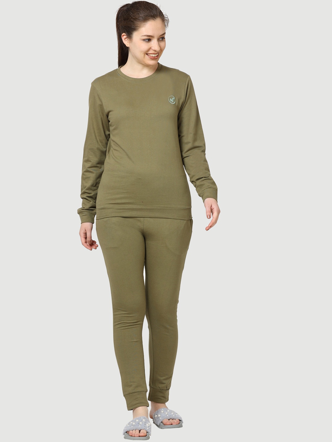 

9shines Label Round Neck Pure Cotton Night Suit, Olive