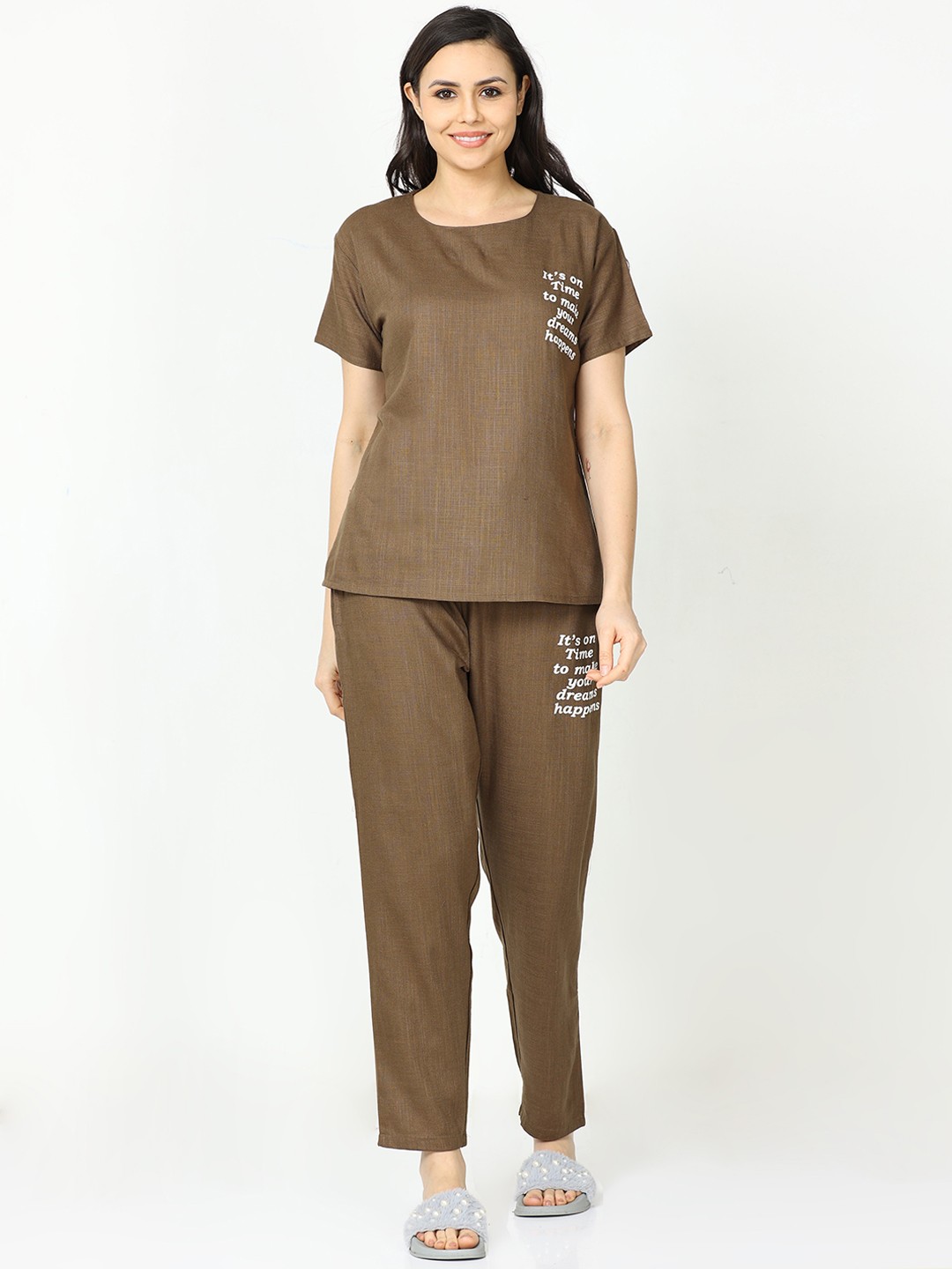 

9shines Label Cotton Linen Night Suit, Khaki