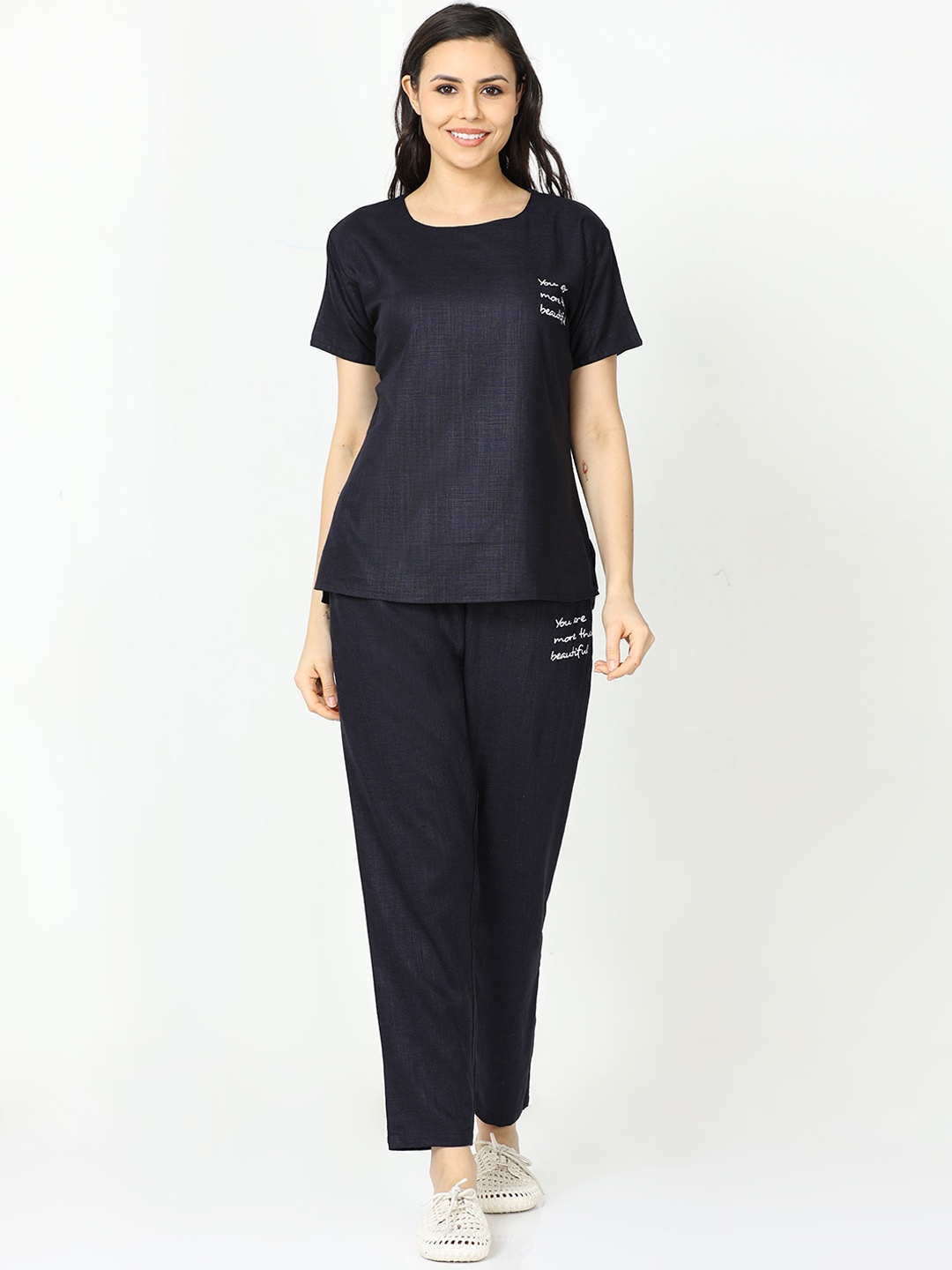 

9shines Label Linen Nightsuit, Navy blue