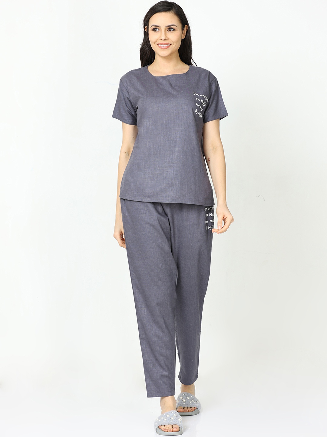 

9shines Label Round Neck Cotton Linen Night Suit, Blue