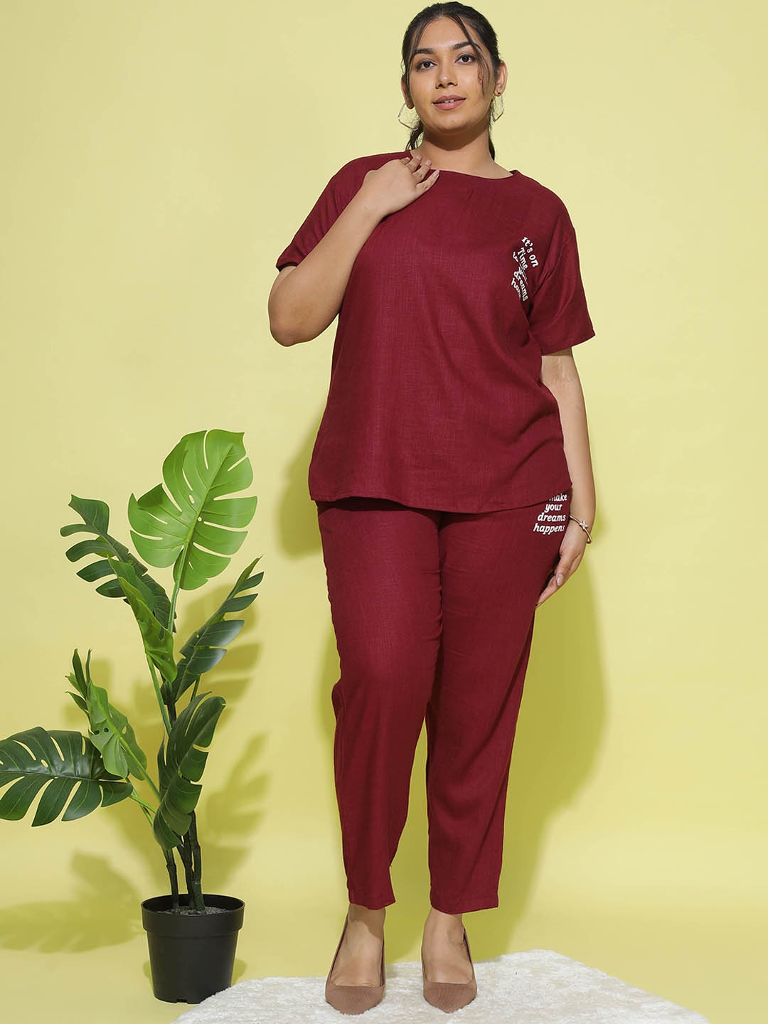 

9shines Label Linen Top With Palazzos, Maroon