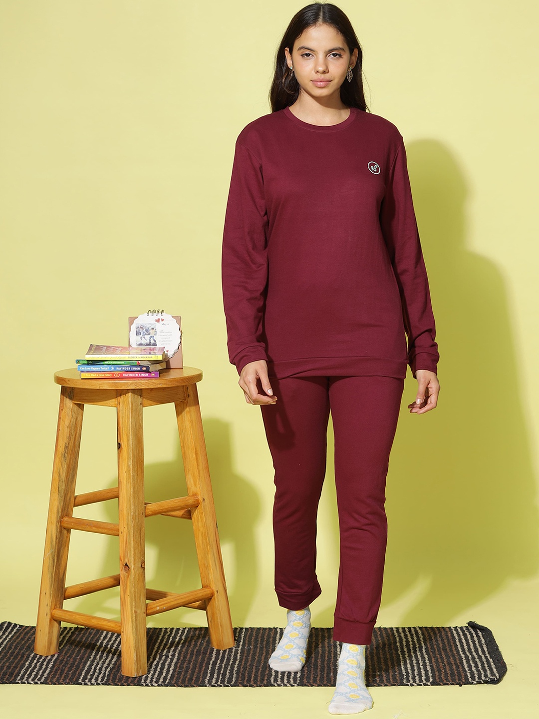 

9shines Label Mid-Rise Pure Cotton Night Suit, Maroon
