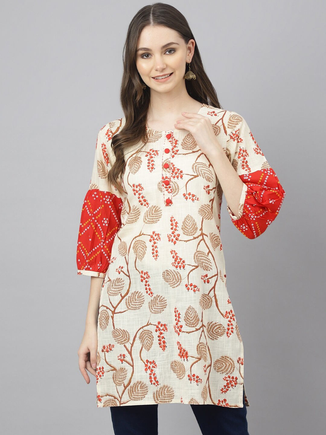 

JAIPUR ATTIRE Floral Printed Pure Cotton Straight Kurti, Beige