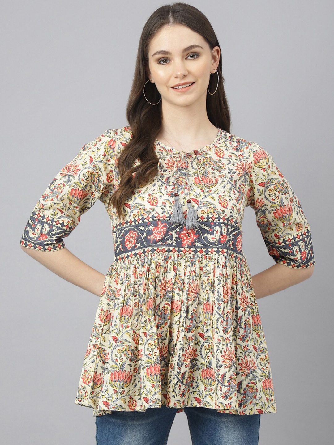 

JAIPUR ATTIRE Floral Printed Cotton Tunic, Beige