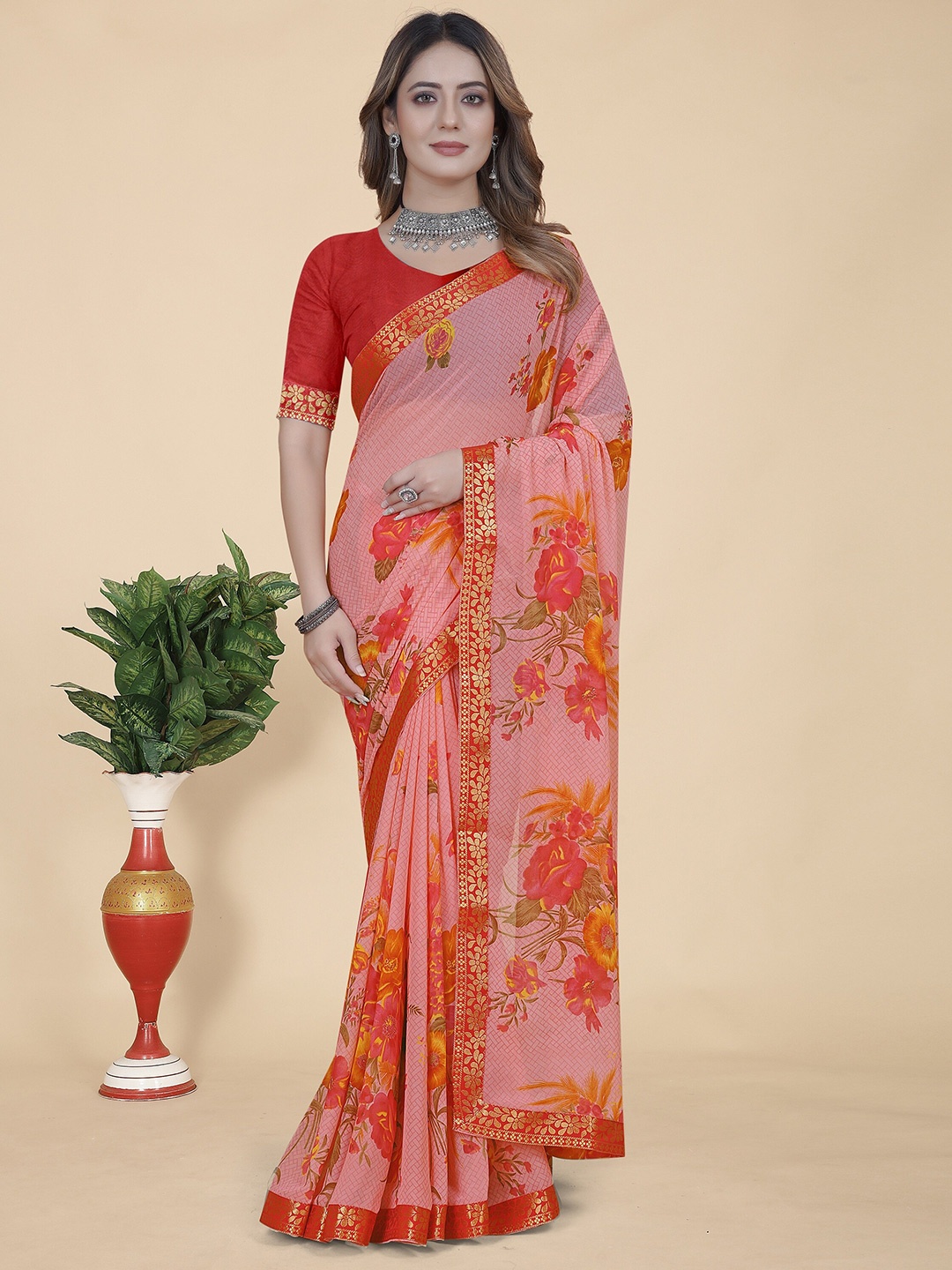 

KALINI Floral Printed Zari Pure Georgette Saree, Peach