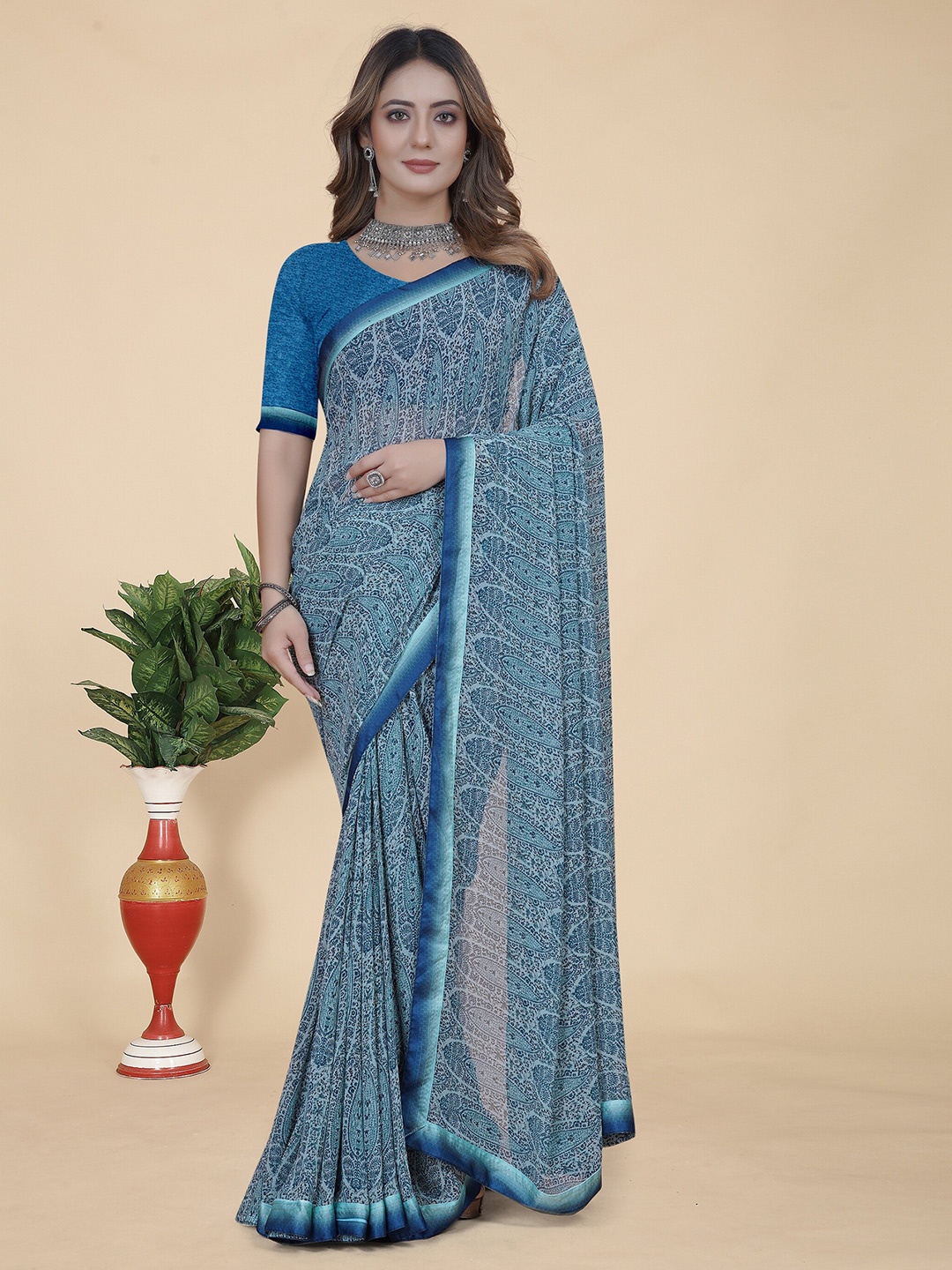 

KALINI Paisley Printed Pure Georgette Saree, Blue
