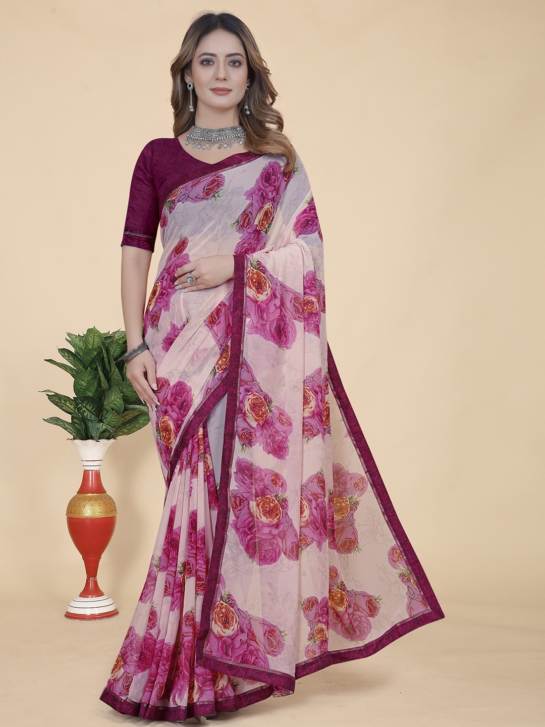 

KALINI Floral Pure Georgette Saree, Pink