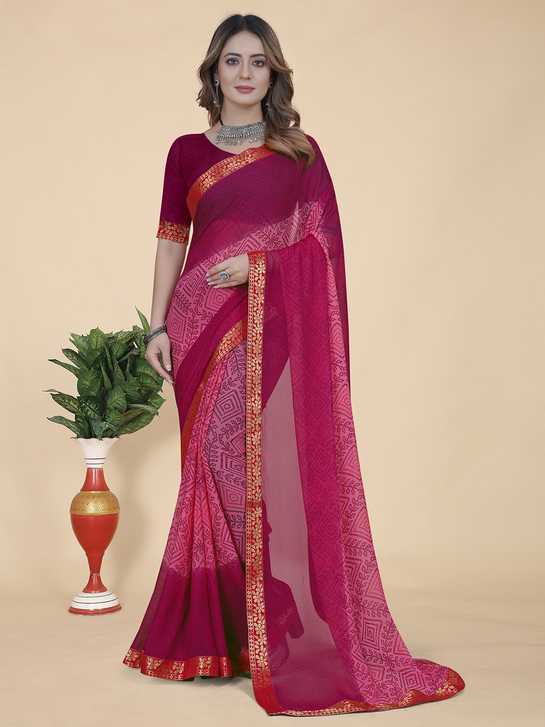 

KALINI Bandhani Zari Pure Georgette Saree, Pink