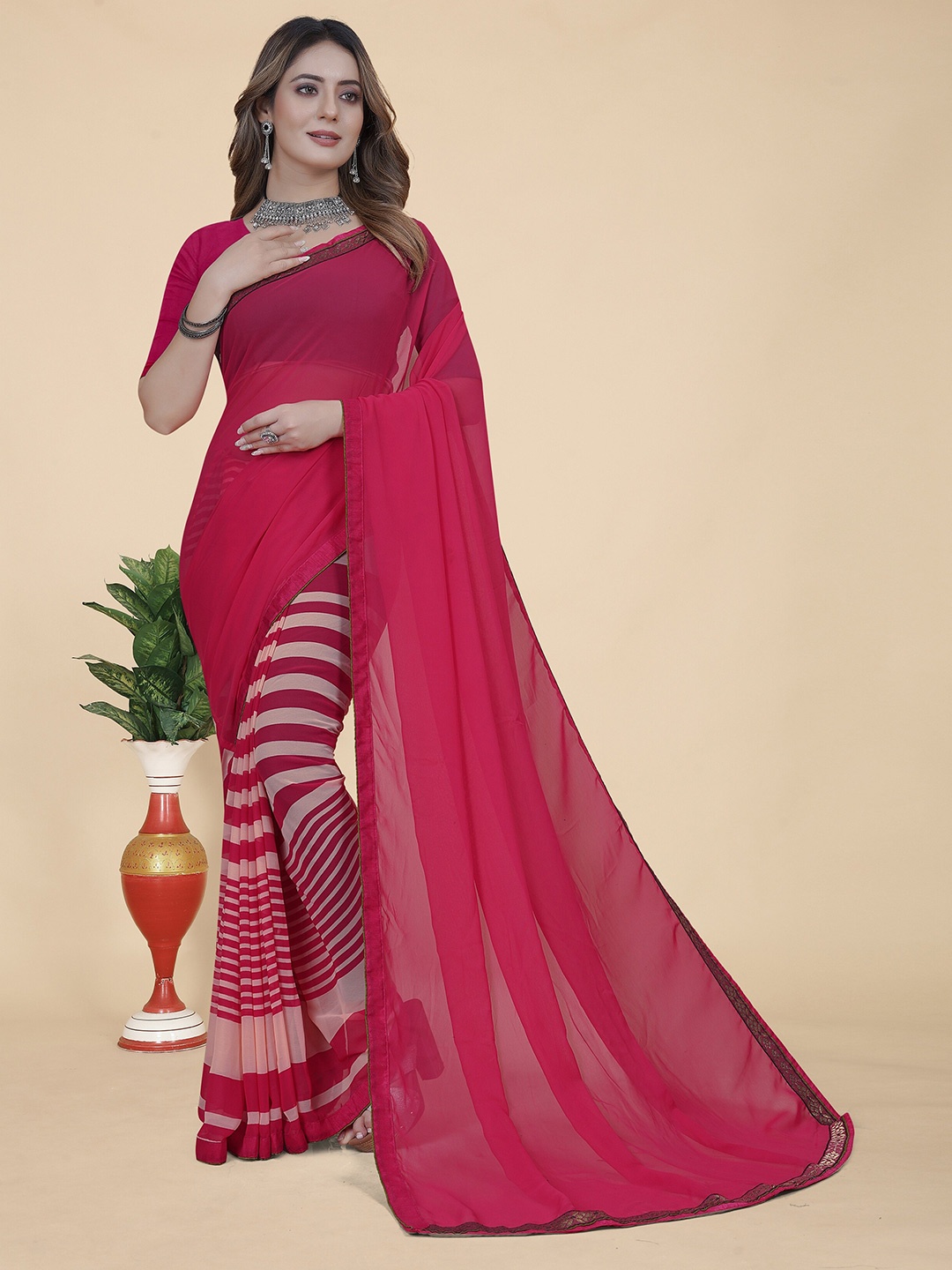 

KALINI Striped Pure Georgette Saree, Pink