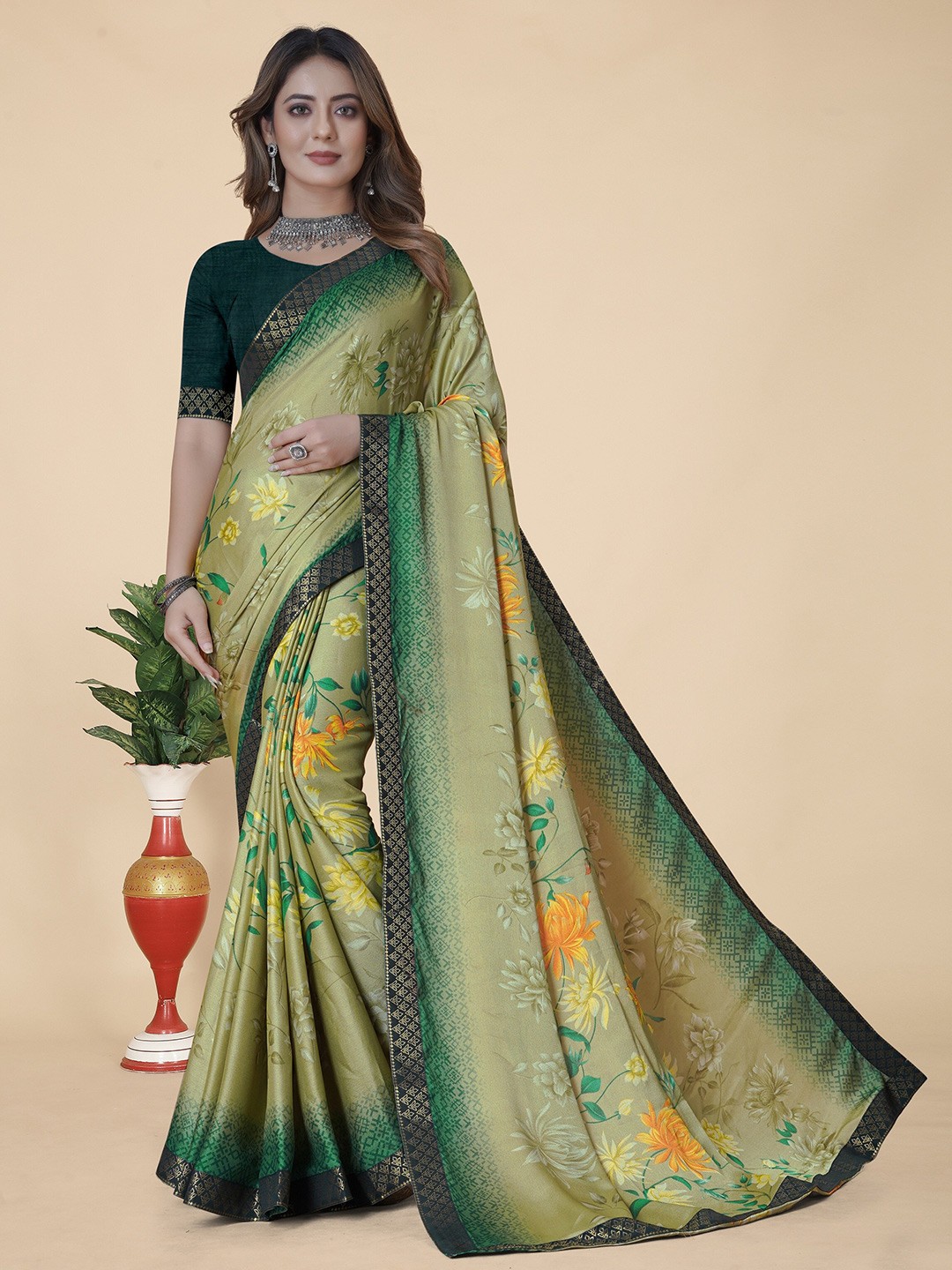 

KALINI Floral Printed Zari Pure Georgette Saree, Green