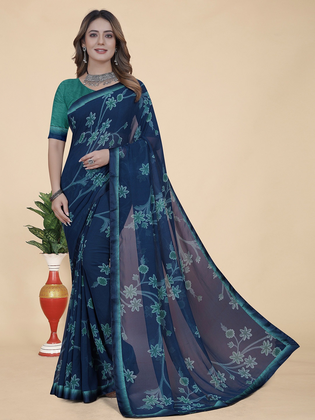 

KALINI Floral Printed Pure Georgette Saree, Blue