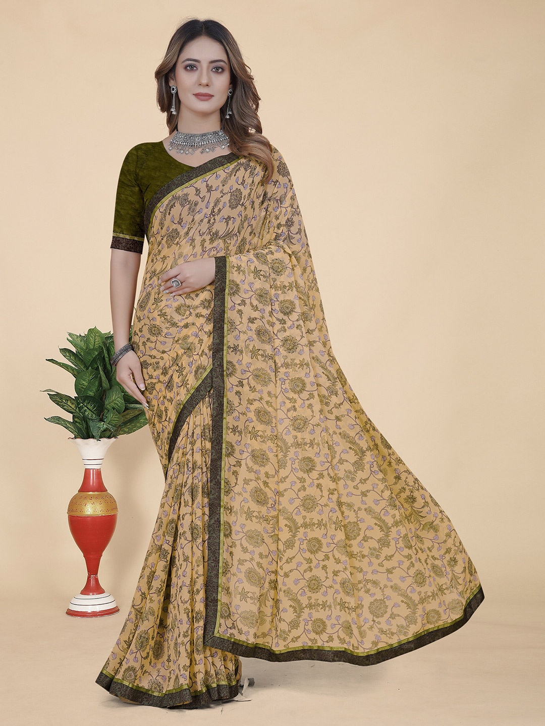 

KALINI Floral Printed Pure Georgette Saree, Beige