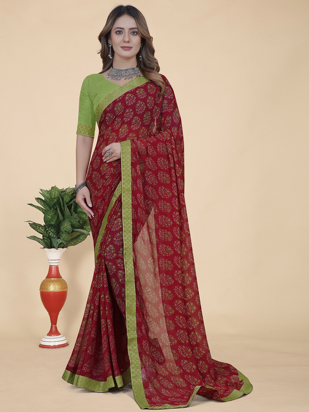 KALINI Floral Printed Zari Pure Georgette Saree, Maroon