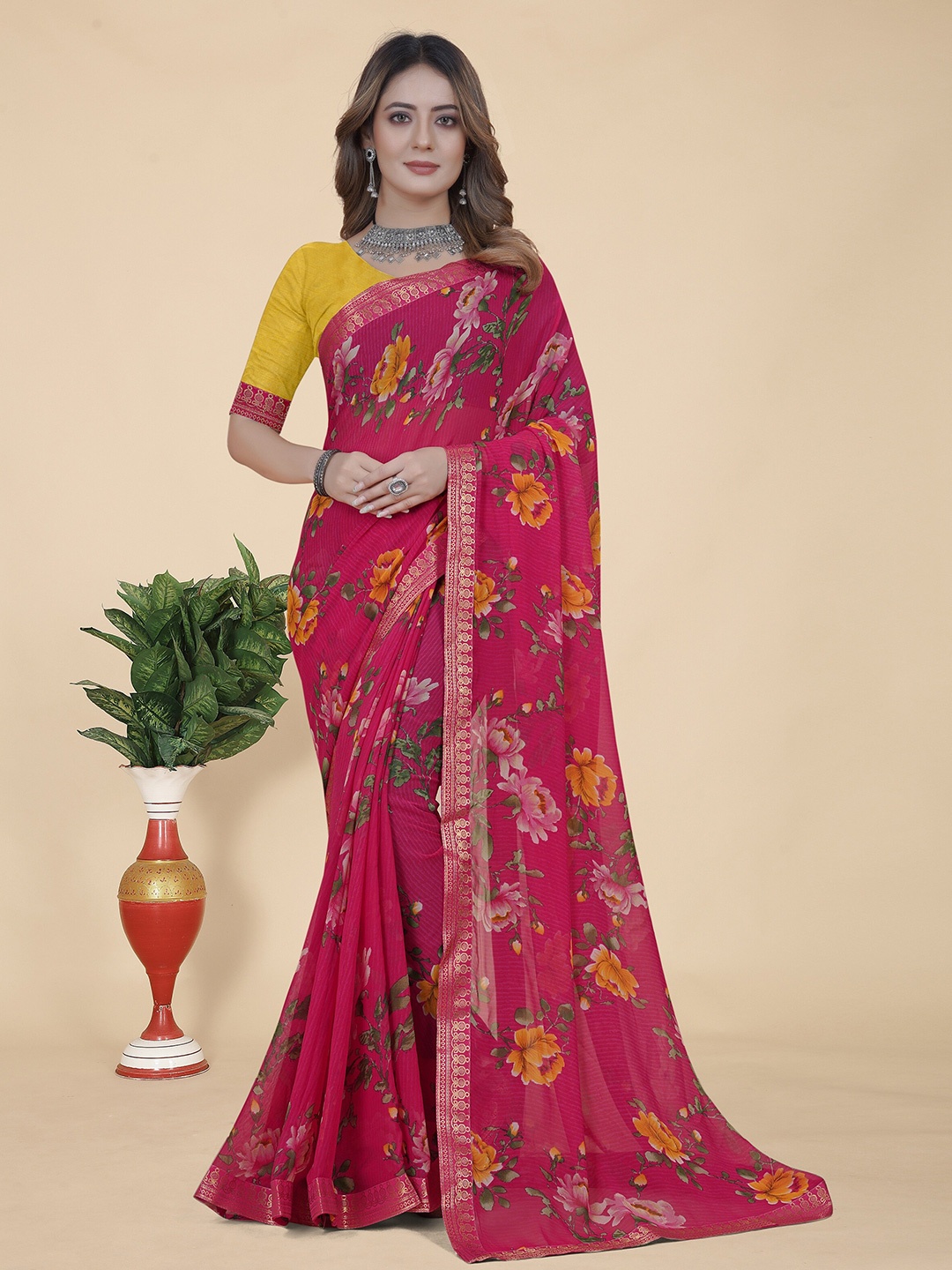 

KALINI Floral Printed Zari Pure Georgette Saree, Pink