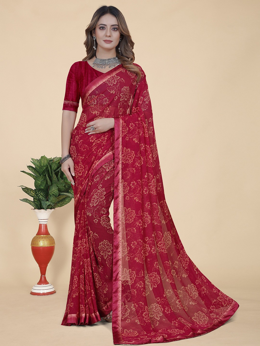 

KALINI Floral Pure Georgette Saree, Pink