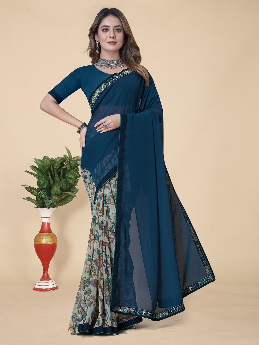 KALINI Floral Printed Pure Georgette Half And Half Saree, Teal