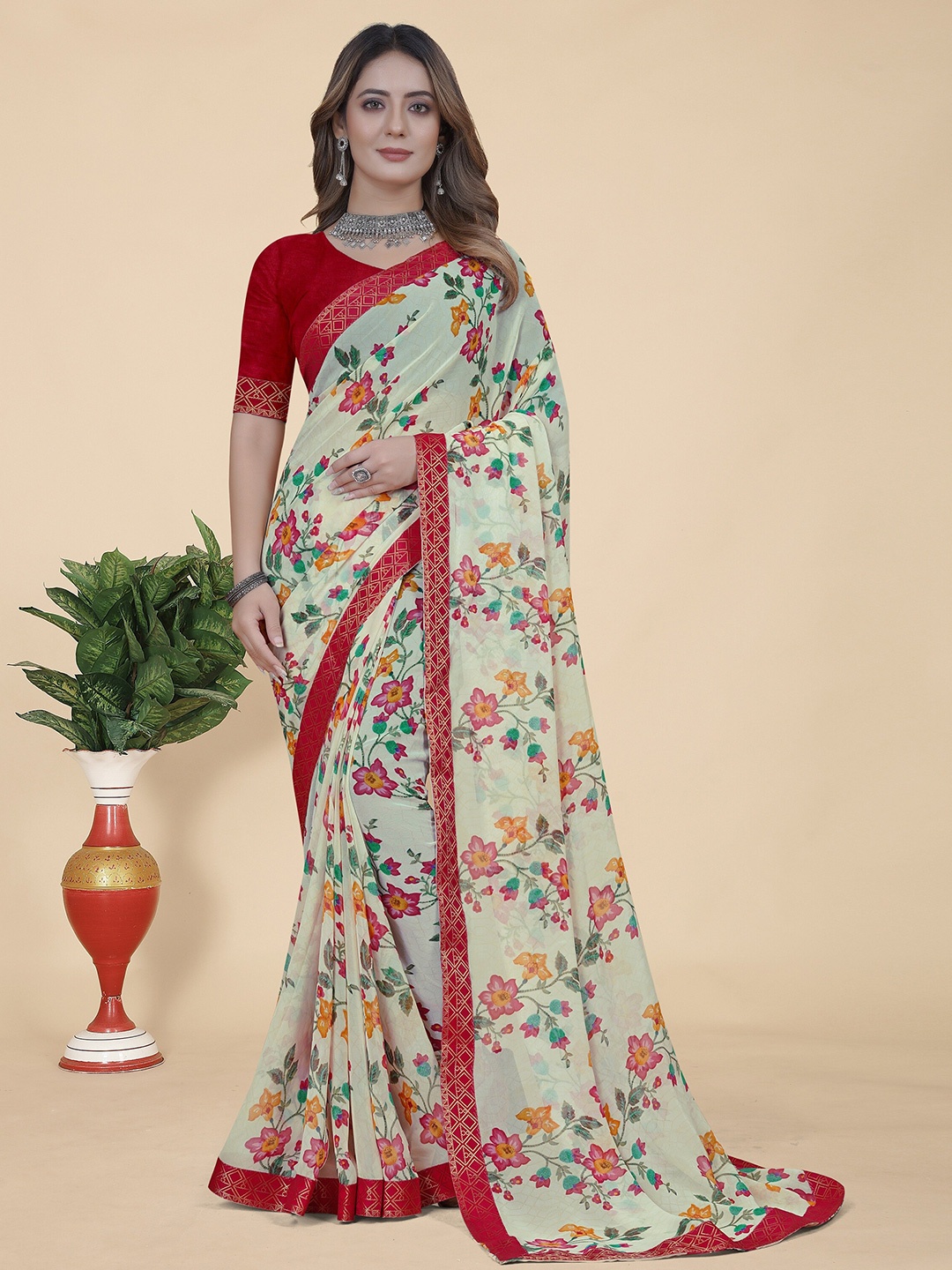 

KALINI Floral Printed Pure Georgette Saree, Green