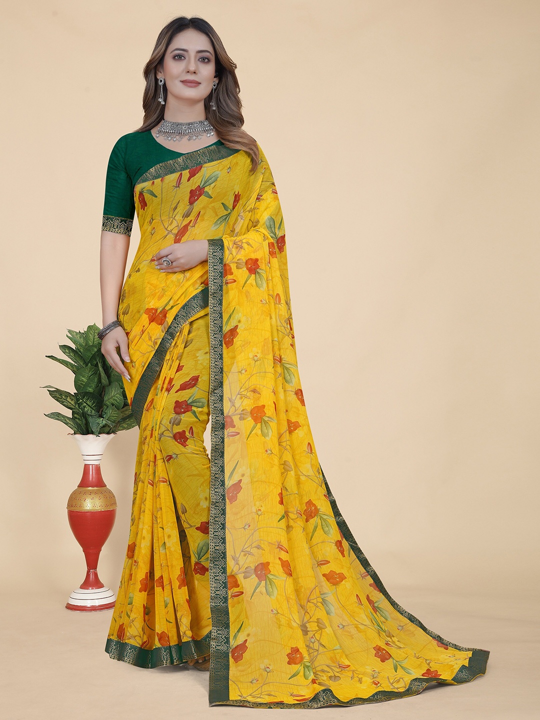

KALINI Floral Printed Zari Pure Georgette Saree, Yellow