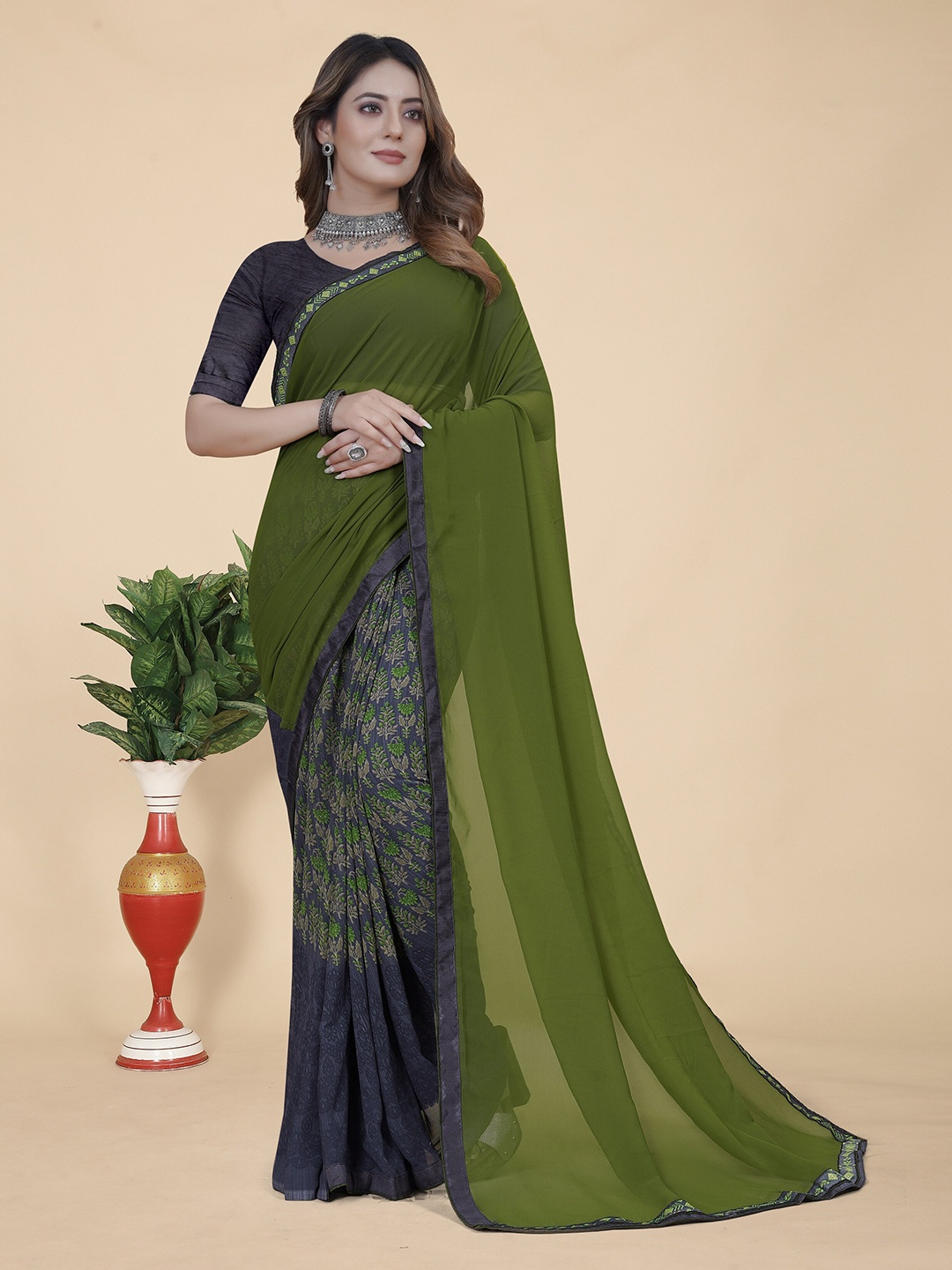 

KALINI Floral Printed Half and Half Pure Georgette Saree, Green
