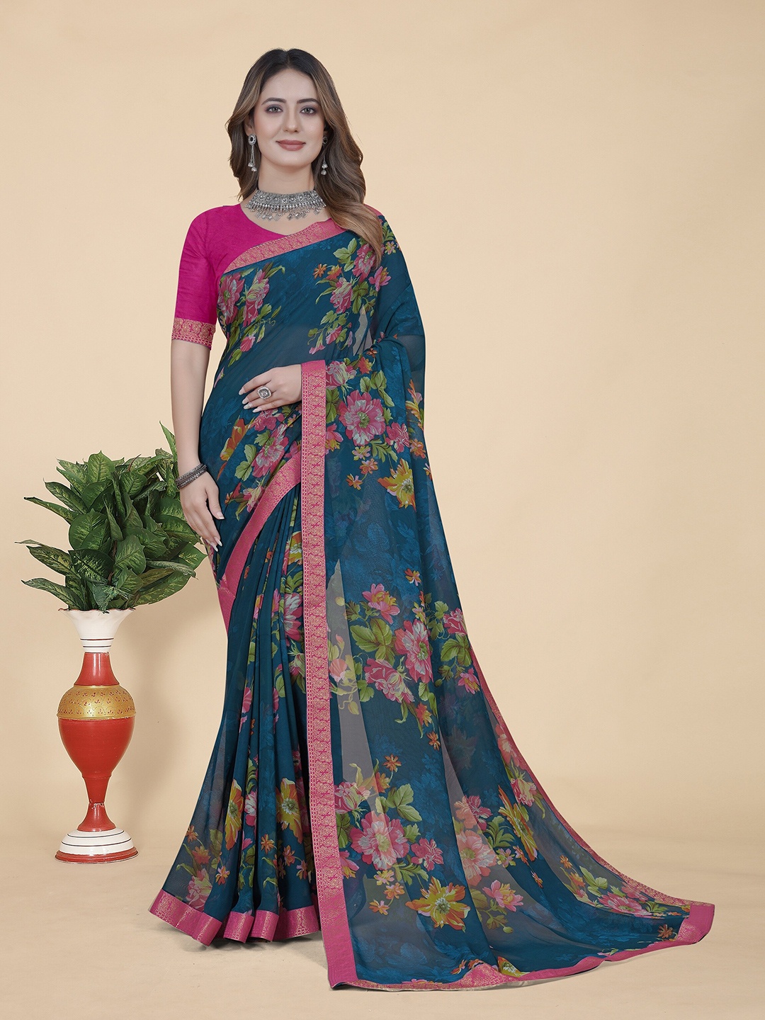 KALINI Floral Printed Pure Georgette Saree, Blue