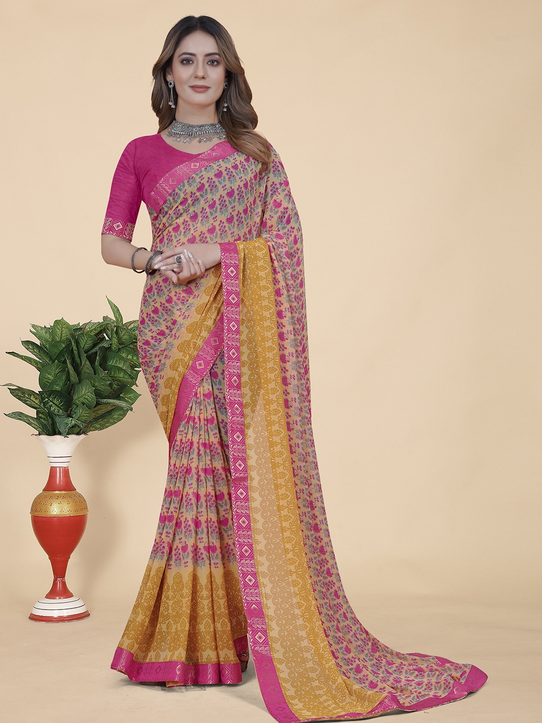 KALINI Floral Zari Pure Georgette Saree, Yellow