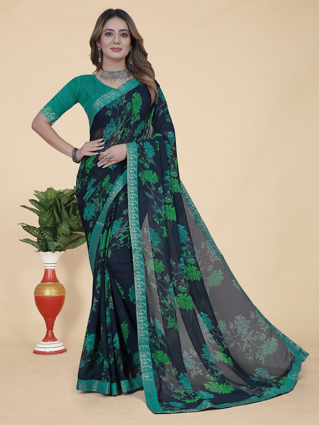 KALINI Floral Zari Pure Georgette Saree, Blue