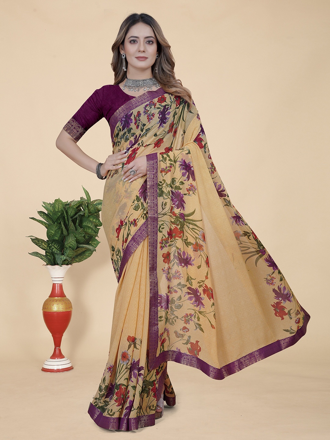 

KALINI Floral Printed Zari Pure Georgette Saree, Beige