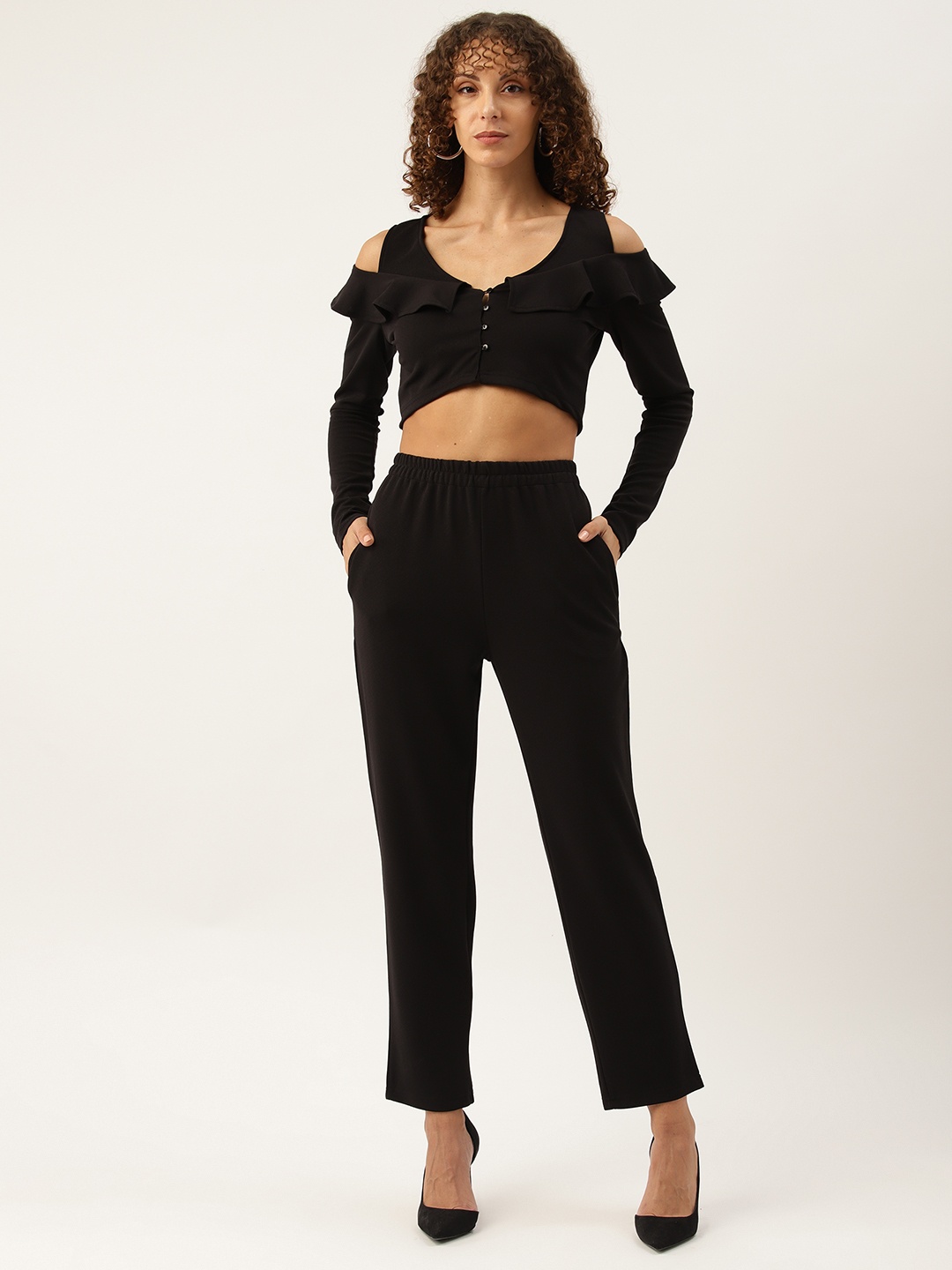 

Off Label Solid Top & Trousers Set, Black