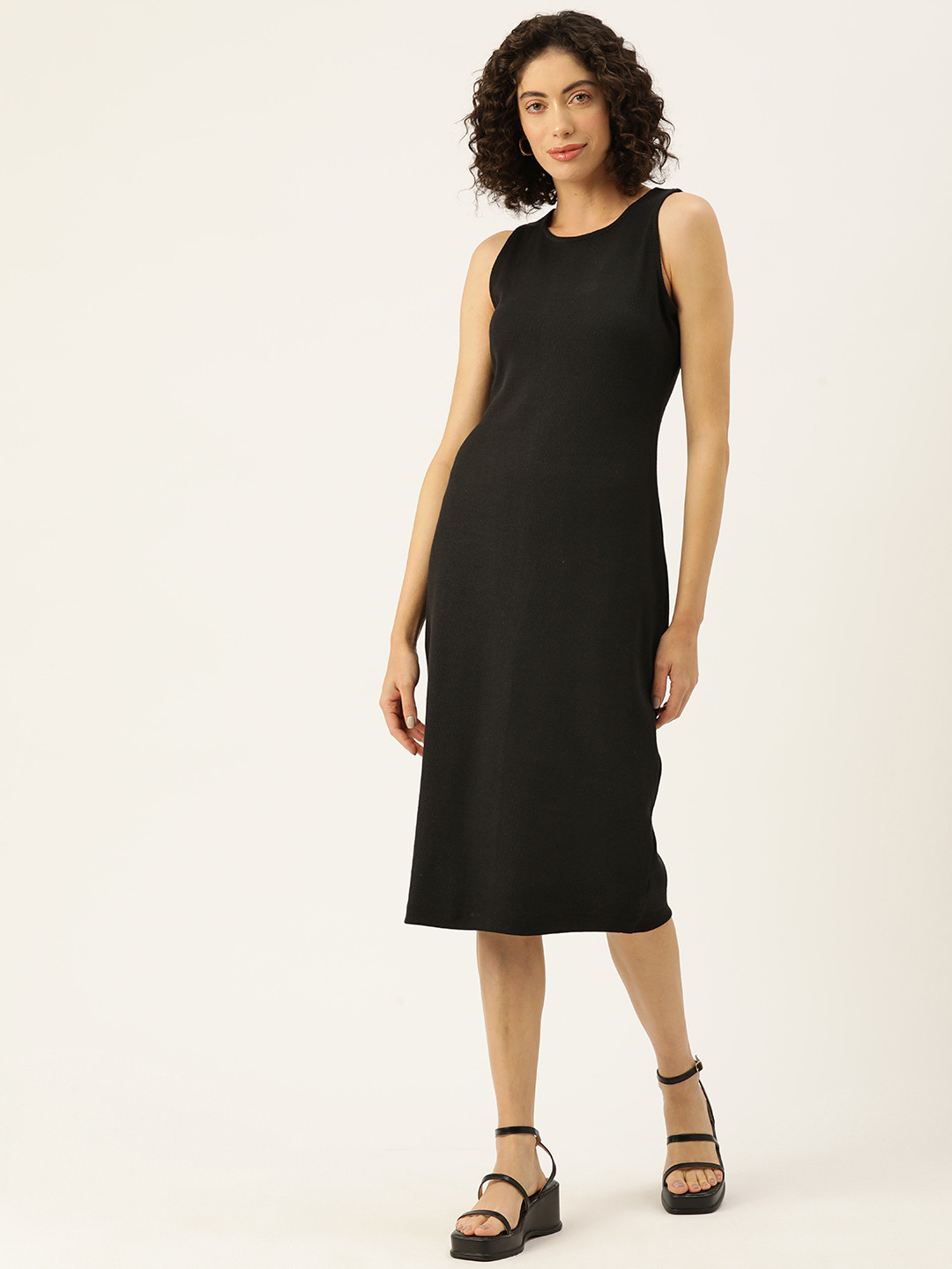 

Off Label Solid Ribbed Sheath Midi Dress, Black