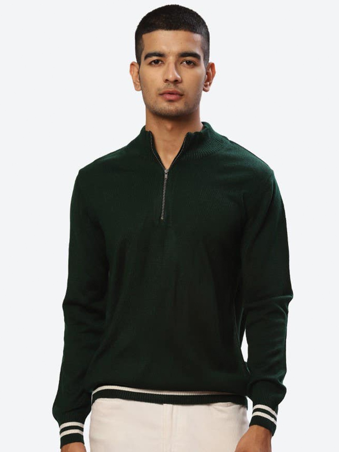 

2Bme Mock Collar Long Sleeve Cotton Pullover Sweater, Green