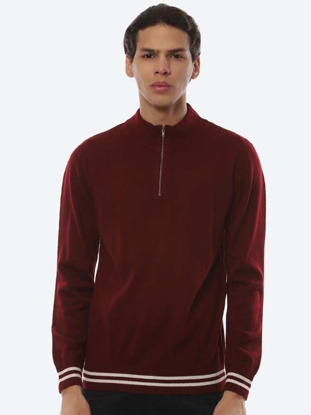 

2Bme Mock Collar Long Sleeve Cotton Pullover Sweater, Maroon