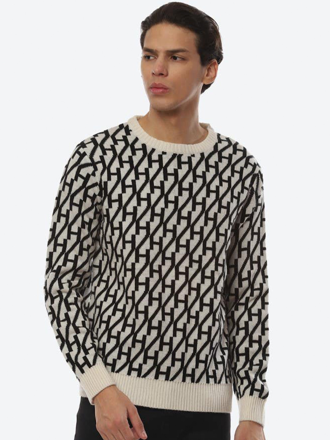 

2Bme Geometric Self Design Round Neck Long Sleeve Pullover Sweater, White